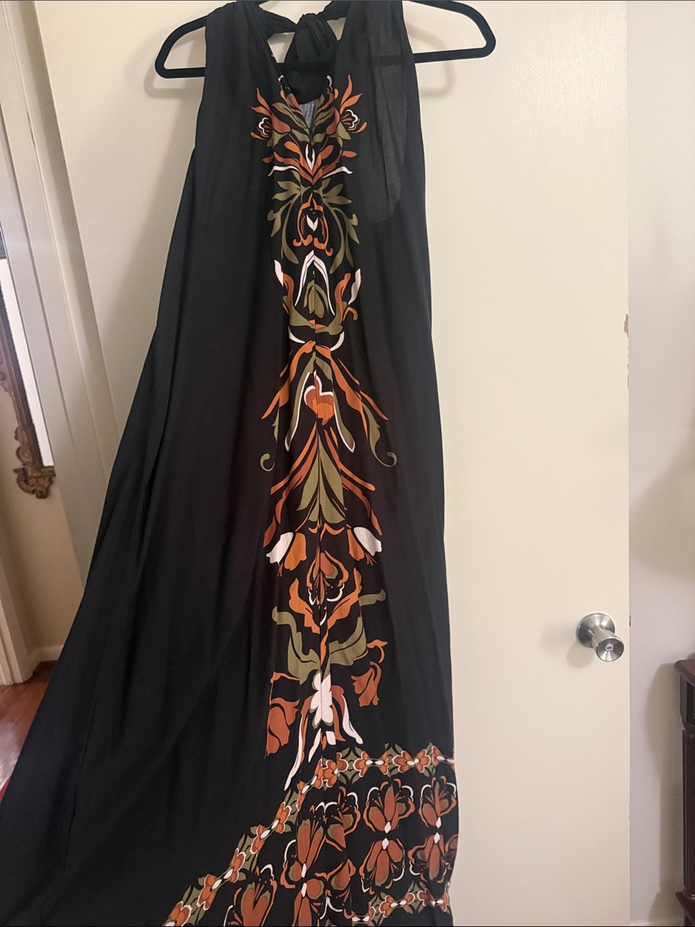 Vince Camuto Black Maxi Skirt with Orange, Olive & Cream Floral Panel